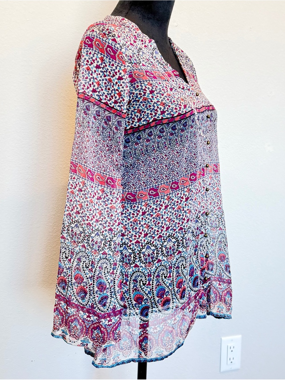 Converse One Star Boho Paisley Bell Sleeve Blouse Sheer Chiffon Top - Size XS